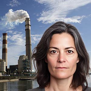 Woman standing in front of smoke stacks